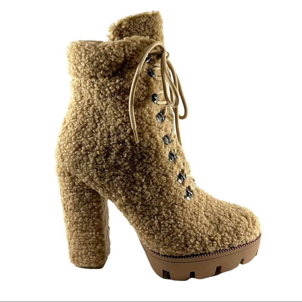 AZALEA WANG Fleece Combat Boots Beige lace up Lug Sole NEW WITH BOX 8.5 - Picture 11 of 14